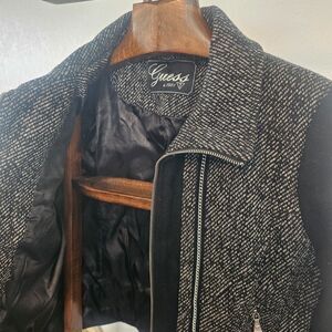Guess Tweed Moto Jacket Silver Chain Link Accent Western Concert Black White XL